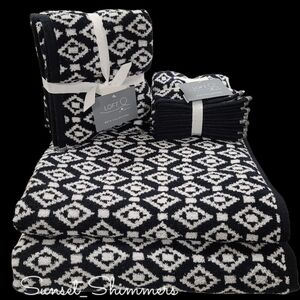8pc Loft Bath Hand Washcloth Black & White Diamond Aztec Tile Towel Set New